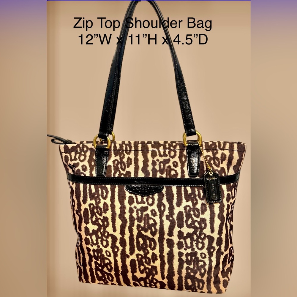 Coach 3 Pc Set EUC Bag, Wristlet &Wallet Patent Leather Trim&Canvas AnimalPrint - Picture 5 of 16